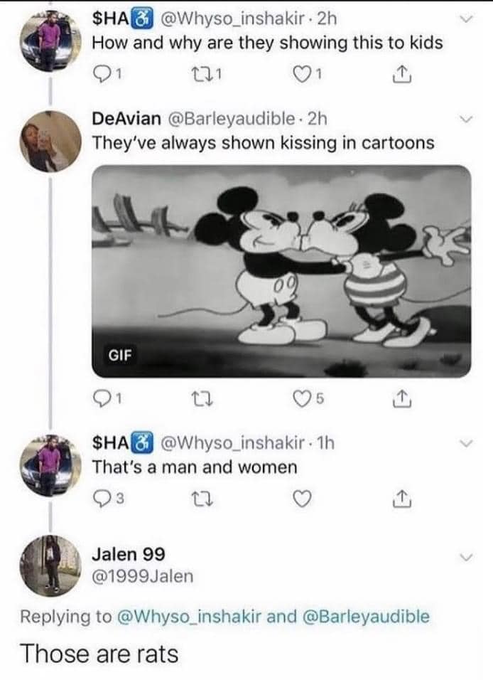 The meme is a screenshot of a Twitter conversation where someone asks "How and why are they showing this to kids?" in response to a cartoon featuring a romantic kiss between two anthropomorphic animals. The original poster replies "They're showing this to kids" and the conversation continues with others joking about the cartoon's content.